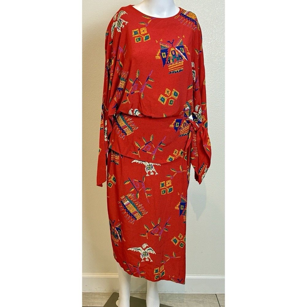 Vintage Marvin Singer Depeche Mode Peplum Kimono Dress Size 12 Red Aztec‎ Rare